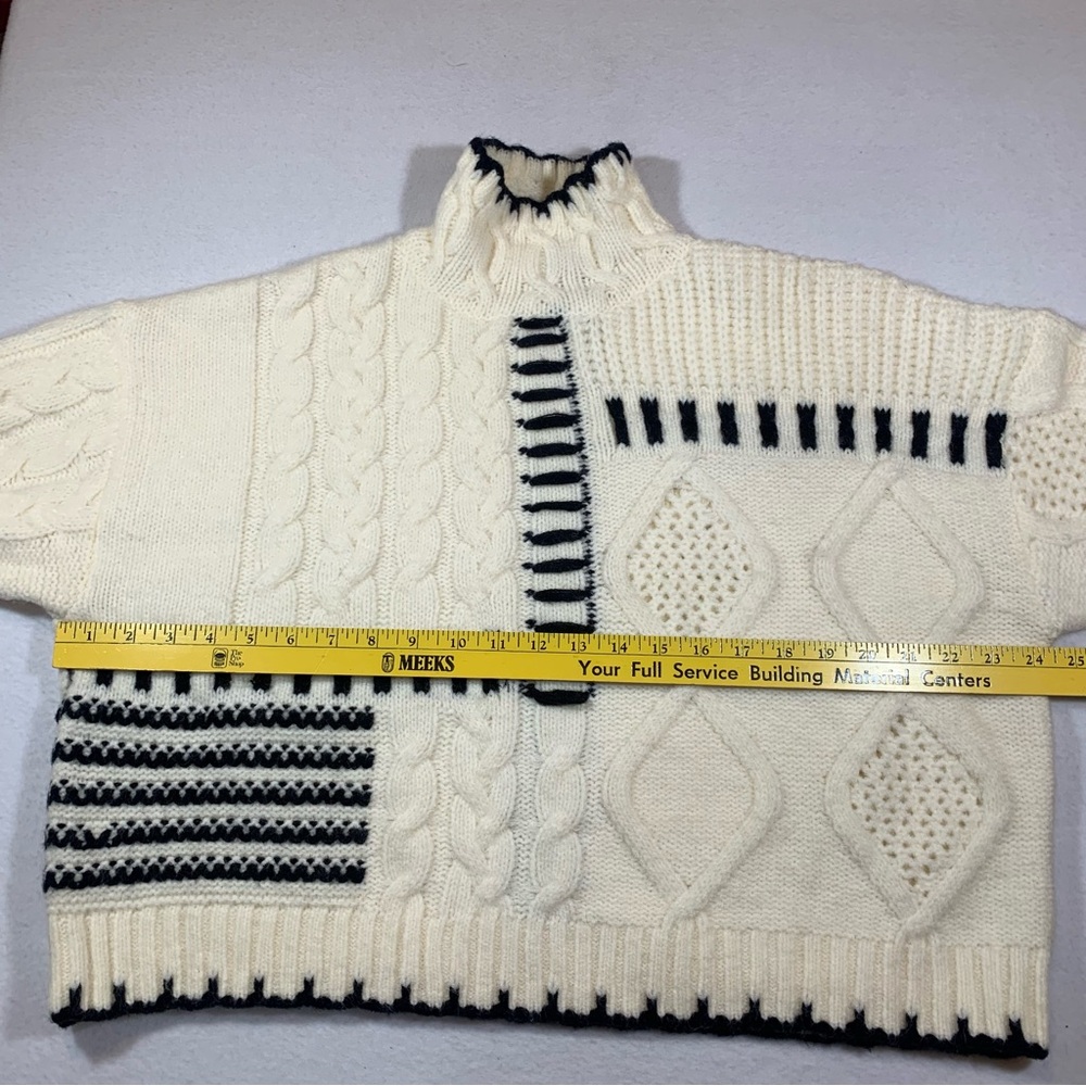 Contrast Patchwork Cream Black Crop Cable Knit Sw… - image 6